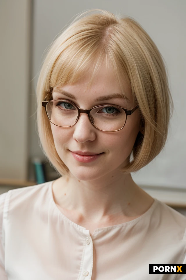 A confident thirty year old woman, with a blonde hair and a bob cut, pale skin, a cute face and seductive smirk, wearing glasses, teacher clothes and a blouse