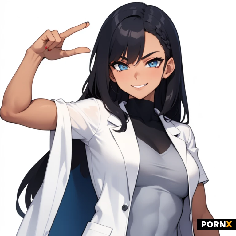 Woman,18 Years old,Egypyian,Muscular,Tanned skin,Medium breasts,Seductive smirk,Black hair,Long hair,Blue eye,head on,looking at camera,lab coat,white background