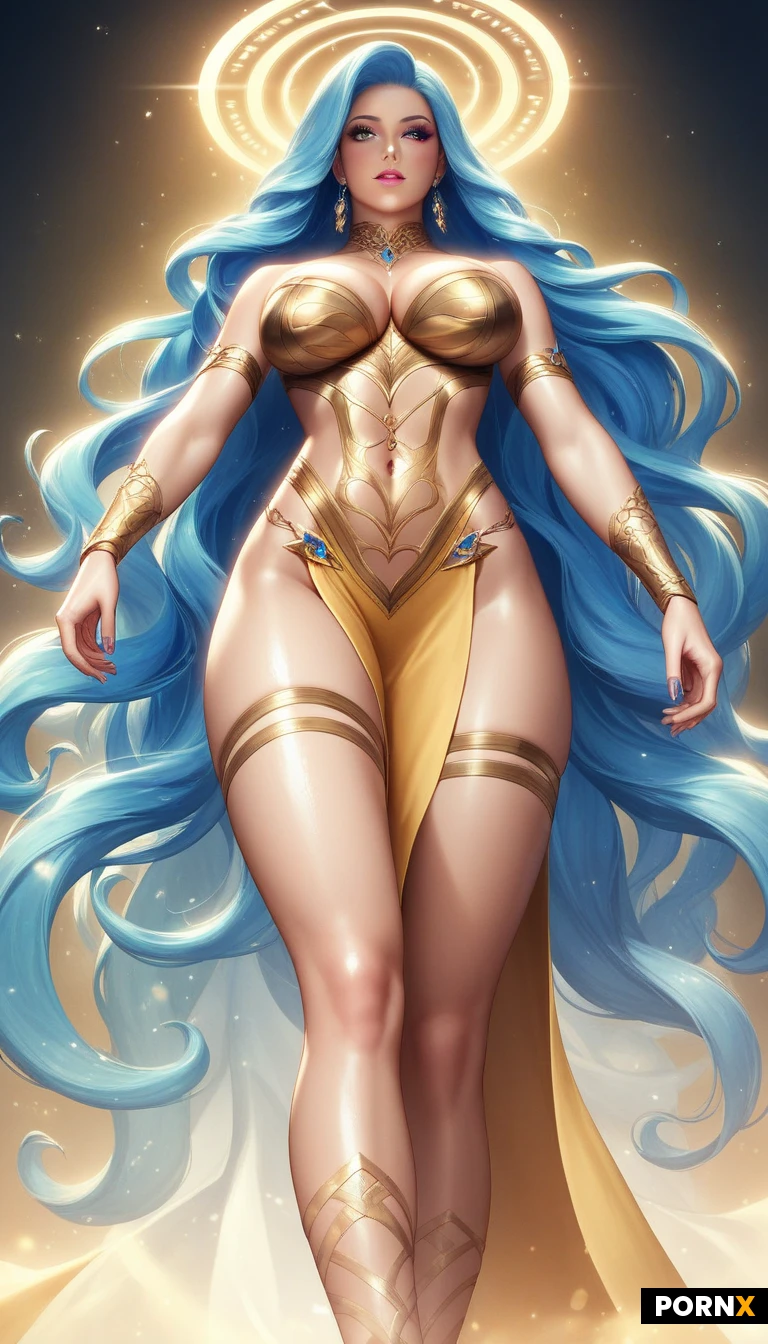 A luminous fairy goddess with an ethereal, heart-shaped face, long silver-blue hair cascading in soft waves, and eyes glowing like moonlit amethysts stands in a low, powerful squat, her curved, oiled flesh catching the light like polished marble. She wears an elaborate, sheer fantasy costume of iridescent leaf-veins and intricate golden filigree, accentuated by glimmering jeweled breastplates, delicate anklets, and glistening wing-like extensions that unfurl behind her, each feather shimmering with a subtle rainbow sheen. Soft rim lighting from a hidden source creates a glossy sheen on her skin and highlights the contours of her ample hips and toned thighs, while a warm, golden backlight adds a halo of haloed brilliance around her form. The camera is positioned at a dramatic low angle, using a shallow depth of field to blur the enchanted forest backdrop, emphasizing the goddess's radiant silhouette and the sensual, otherworldly atmosphere. Rendered in ultra-high-definition, hyper-realistic digital painting style with rich textures and a cinematic glow, the image captures the intoxicating allure of a divine, erotic fantasy.