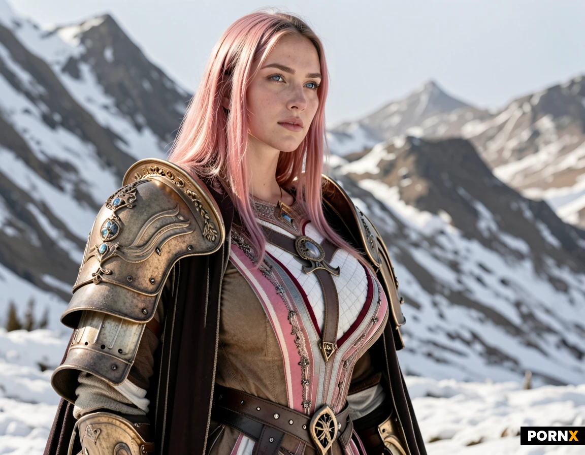 (view from the side:1.5 ).Mountains,Winter.((Beautiful Woman:1.9)),dark make-up, long hair, straight hair,((intricate royal queen robe,Viking armor,Viking armor gauntlets.)).
A stunning 32k UHD image