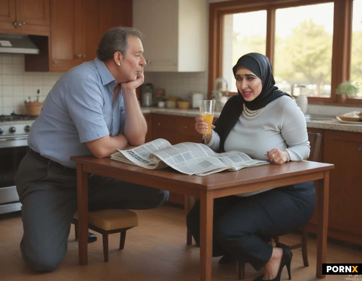 hdr, nerdy man and Beautiful giant fat ussbbw bimbo milf 40+, she has a black hijab, , she has albino white oiled skin, , he is a gaunt white man standing behind the woman fucking her anally, in a kitchen, she is bending over a round table while he is fucking her, she is slightly bending her knees, her back is arched as the man is grabbing her hair, there is breakfast on the table, morning, she is wearing fluffy transparent mules ultra high heels, she has big ass, pearl necklace, pearl earrings, he is standing behind her fucking her in squatting doggystyle position, he is moaning, he is spreading her ass cheeks. wet glossy lips slightly parted, a fit hijabi bimbo in her 20's is sitting next to them slightly pouting with a very horny look, the fit hijabi bimbo is wearing transparent black abaya, and golden ultra high heels, (in background: there is a middle aged man sitting next to the hijabi bimbo with his large penis reading the newspaper, the hijabi bimbo is sucking the older man's penis giving him a blowjob 1.1 ).full body