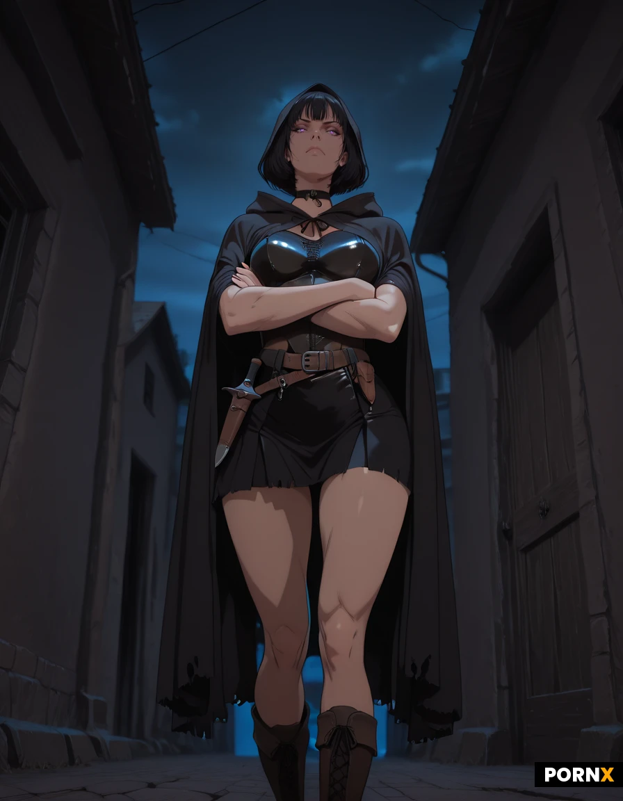 masterpiece, best quality, highres, absurdres, full_body, facing_viewer, standing, crossed_arms, serious_expression, medieval_assassin, leather_armor, dark_cloak, hood, boots, belt, dagger, hidden_blade, gothic_alley, night, mist, dramatic_lighting, rim_light, low_angle, cinematic