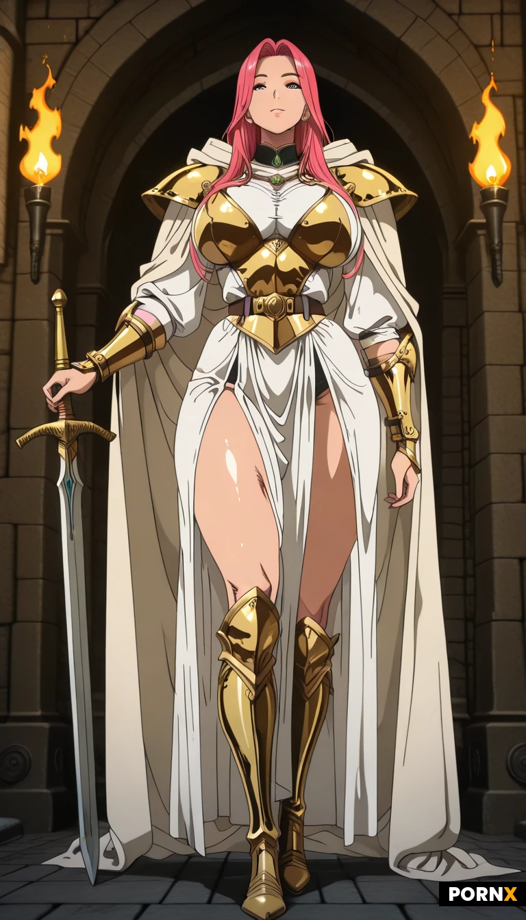 woman warrior, beautiful face, long hair, some muscle, sexy luxury fantastic armor, full body armor ,big breast, sword, elegant cloak, elegant arm boots, elegant belt, elegant gauntlet, elegant arm guard, dragon and Dungeon style, background, dungeon, torch wet stone stair, rusted metal bar, closeup view, closeup view