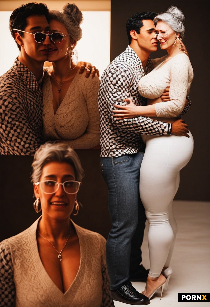Dapper younger man age is 18 who is  hugging Thick busty Grandmother