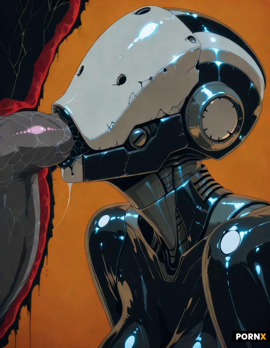 femdom, penis milking, robot woman, impossibly wide open mechanical mouth, horror robot, scary, head titled back, metal skin, featureless drone head, sexbot, black metal robot, blowjob, clear view of inside entire mouth, deep throat, (internal blowjob secondary view:1.5)