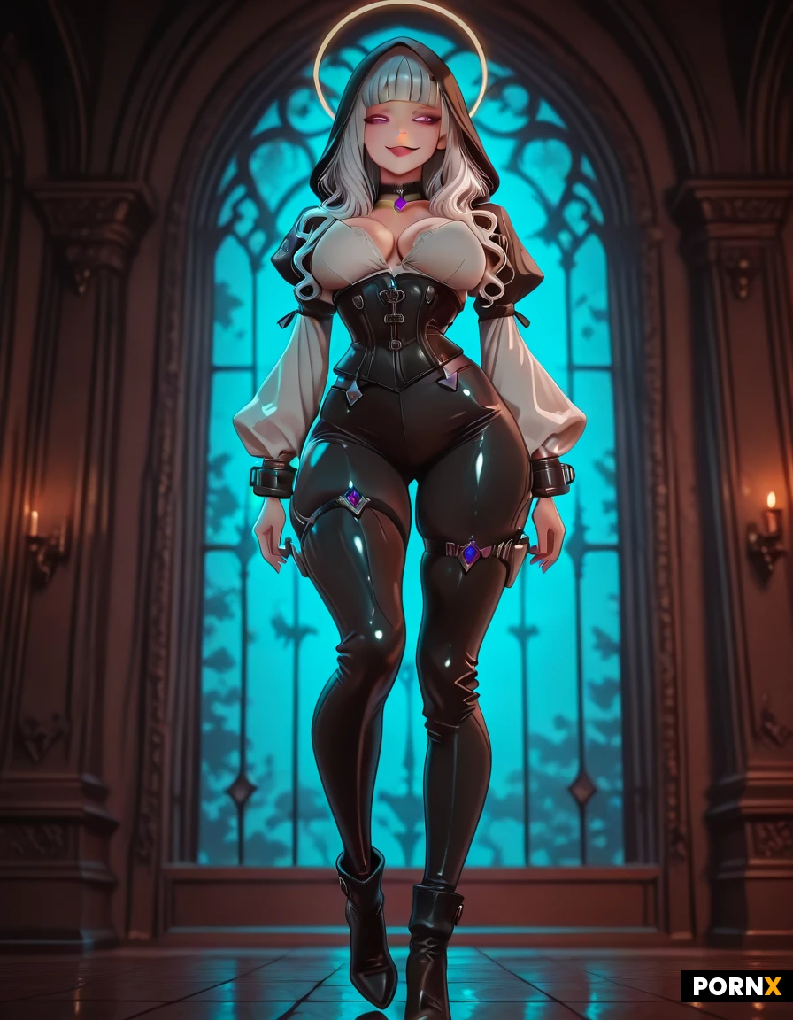 A 20-year-old Japanese elf with cascading platinum-white wavy hair and micro-bangs frames a slender, angular face, sharp small nose, narrow jaw, glossy full lips, and hypnotic violet eyes, while her voluptuous body flaunts a large, firm buttocks, perky full breasts, and generously rounded hips that strain against the sleek leather. She stands in a confident contrapposto, weight shifted onto her right leg, left foot stepping forward, hips thrust to emphasize her curves, a slightly horny smirk curling her mouth as she fixes the camera with an unblinking, seductive gaze. She is cloaked in a tattered floor-length black hood that drapes a shadow over her forehead, a slate-grey button-up tunic beneath a tight black leather underbust corset, long flared sleeves with ruffled cuffs, black leather tactical trousers cinched by multiple thigh straps and silver buckles, and oversized folded-over grey buccaneer boots with high heels, while a black velvet choker bears a glowing deep-purple gemstone at her throat. Soft rim lighting from a moonlit window casts a luminous halo around her hair and highlights the metallic buckles, while low-key chiaroscuro and subtle dust motes fill the gothic stone corridor, creating a sensual, atmospheric glow. Shot from a low angle just below eye level with shallow depth of field, the scene is rendered in hyper-realistic 8K cinematic style, combining ultra-sharp detail painterly oil-texture richness.