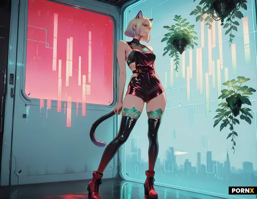A 20 years old feline humanoid woman with blonde hair and cat ears