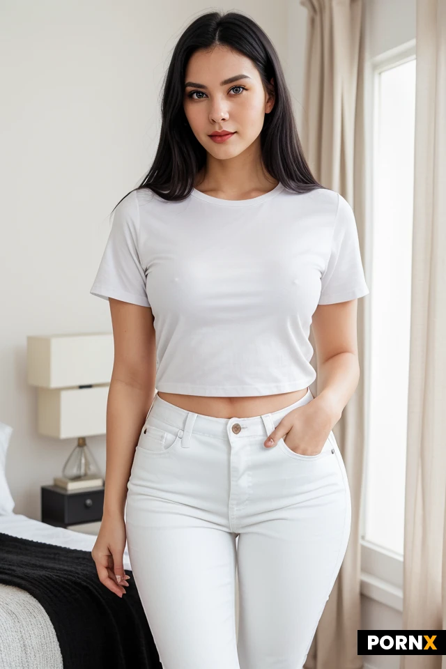 Realistic photograph featuring 35-year-old woman, 175 cm tall, with long straight black hair, green eyes, fair skin, full lips, a curvy feminine body, realistic proportions, neither skinny nor overweight, healthy and confident appearance, average body, dressed in white shirt, minimalist black cut and skinny jeans, white color, in a modern bedroom, during daytime, standing and facing the camera, natural gestures, with calm expression, with expressive eyes, photo style: casual photo, image quality: realistic smartphone quality.