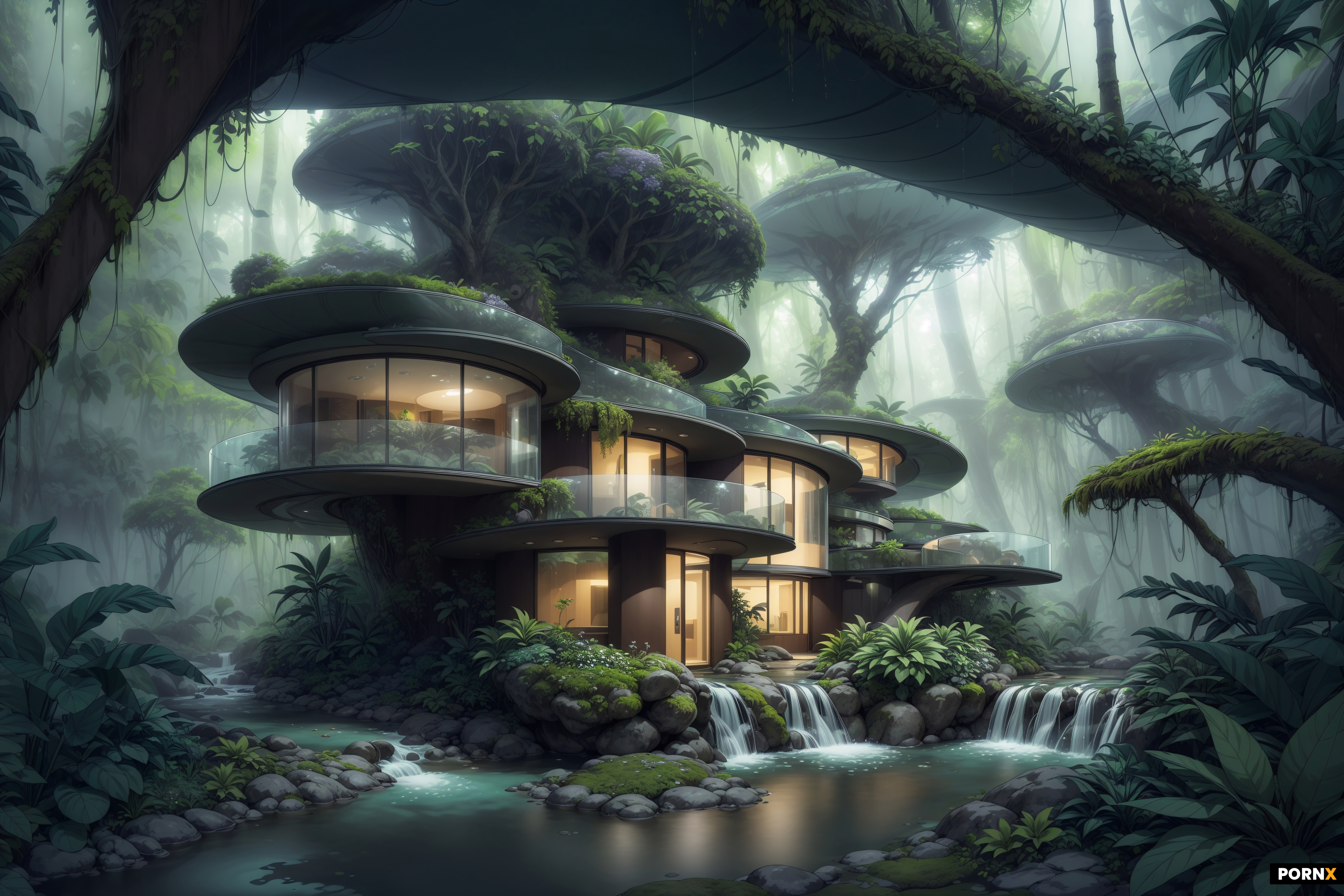 A rounded and curved futuristic home in the center of a foggy jungle