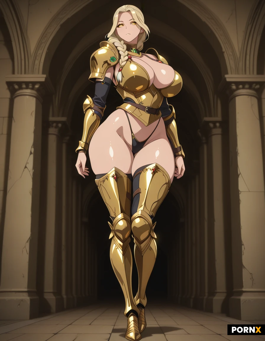 A tall warrior goddess, long blonde braided hair, golden eyes, gleaming armor, full body, big breasts, large ass, tight armor, curvy, beautiful, wearing a thong, front view