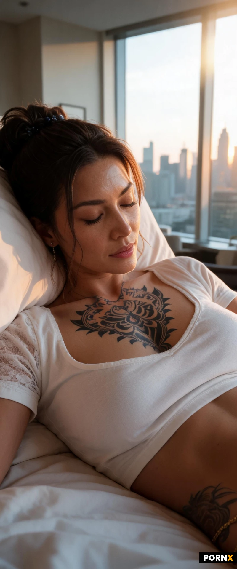 Zoom in, focus on her upper body and face,, (she is lying in her bed, sleeping),(closed eyes), modern apartment, big windows, city skyline, early morning sun. (she is wearing a white cropped underboob top, nipples not visible:1.2),exposed upper chest tatto, . (Natural sunrise light)