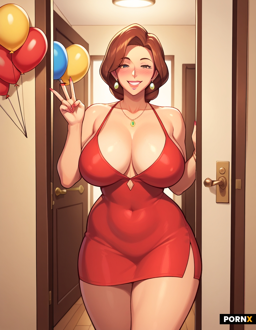 Nice women with big breast and short dress at the door invite you to come  to a birthday party