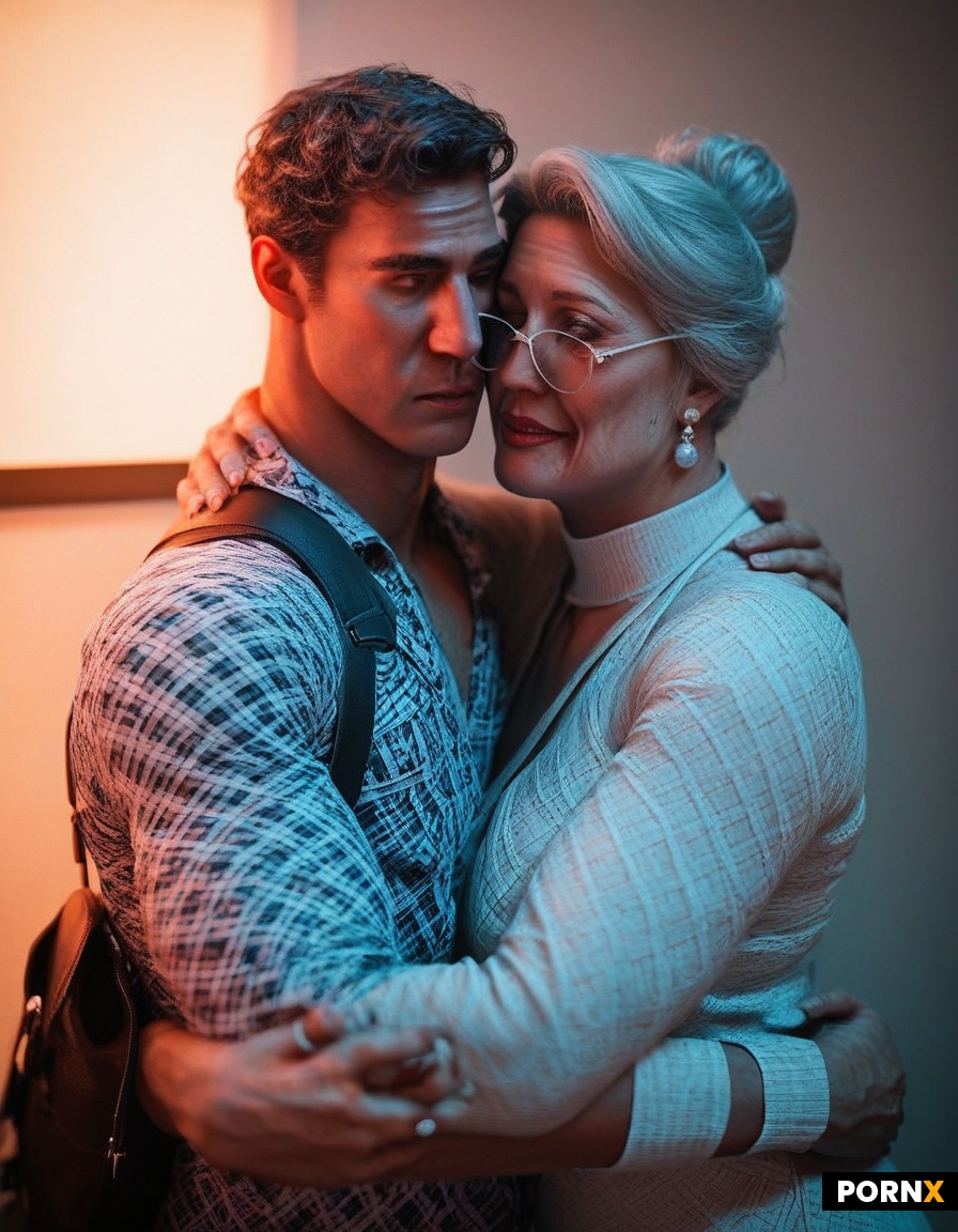 Dapper younger man age is 18 who is  hugging Thick busty Grandmother