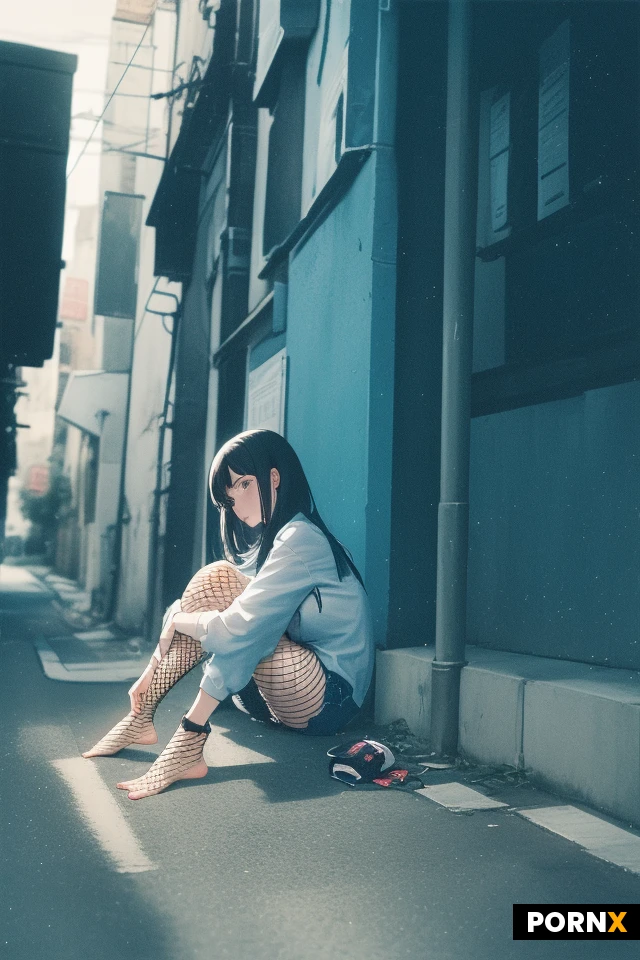 A 21 year old latina in tattered clothes sitting outside of a alleyway. A addict needing money, wearing no shoes, fishnets. She looks tired and used. Defeated sitting down, cute with small breast and cute ass, she is holding onto a small bag