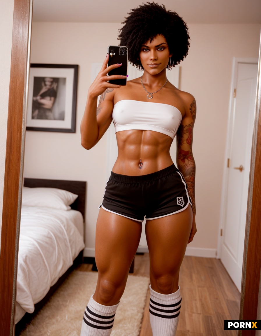 Photorealistic iPhone mirror selfie of a 21-year-old Black woman with an extremely deep ebony comple