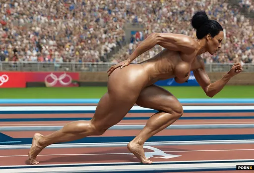 A completely naked beautiful female Olympic athlete with sprinter’s muscles and slightly curvy