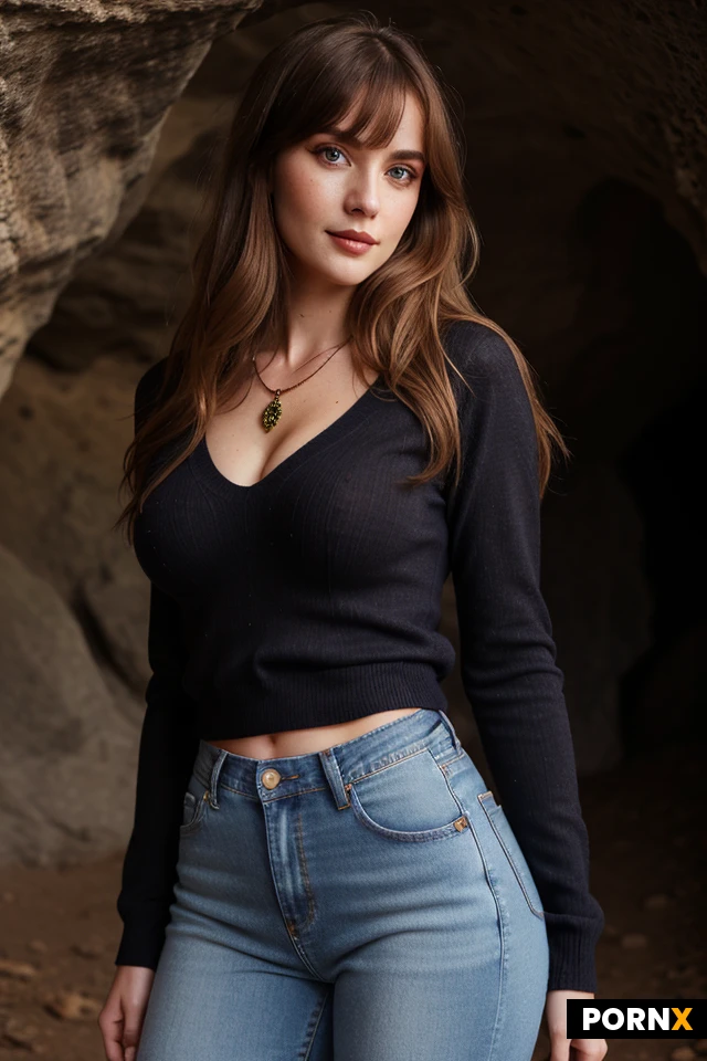 Woman, One, 18 Years old, Irish, Fit, Skinny, Pale skin, Fit thighs, Small ass, Beauty face, Cute face, Big eyes, Bangs, Angel costume, Necklace, Dynamic angle, Seductive pose, Model pose, Standing, Happy face, Brown eye color, Messy hair, Long hair, Masterpiece, Realism, Fantasy style, Closeup Portrait, Blouse, Large breasts, Ginger hair, Sam Spratt, Jeans, Pullover, Intricate clothes, Blue skin, Natural breasts, Cave, Medium breasts, Long eyelashes, Blonde hair