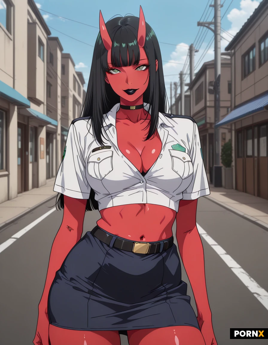 18 years old,red skin,medium round breasts,thick thighs,police,office shirt,pencil skirt,bare midriff,black hair,long straight shining hair,green eyes,black lips,street,day,tounge out,bangs,looking at viewer,oni horns,cleavage,belly button,choker,flat stomach,midriff