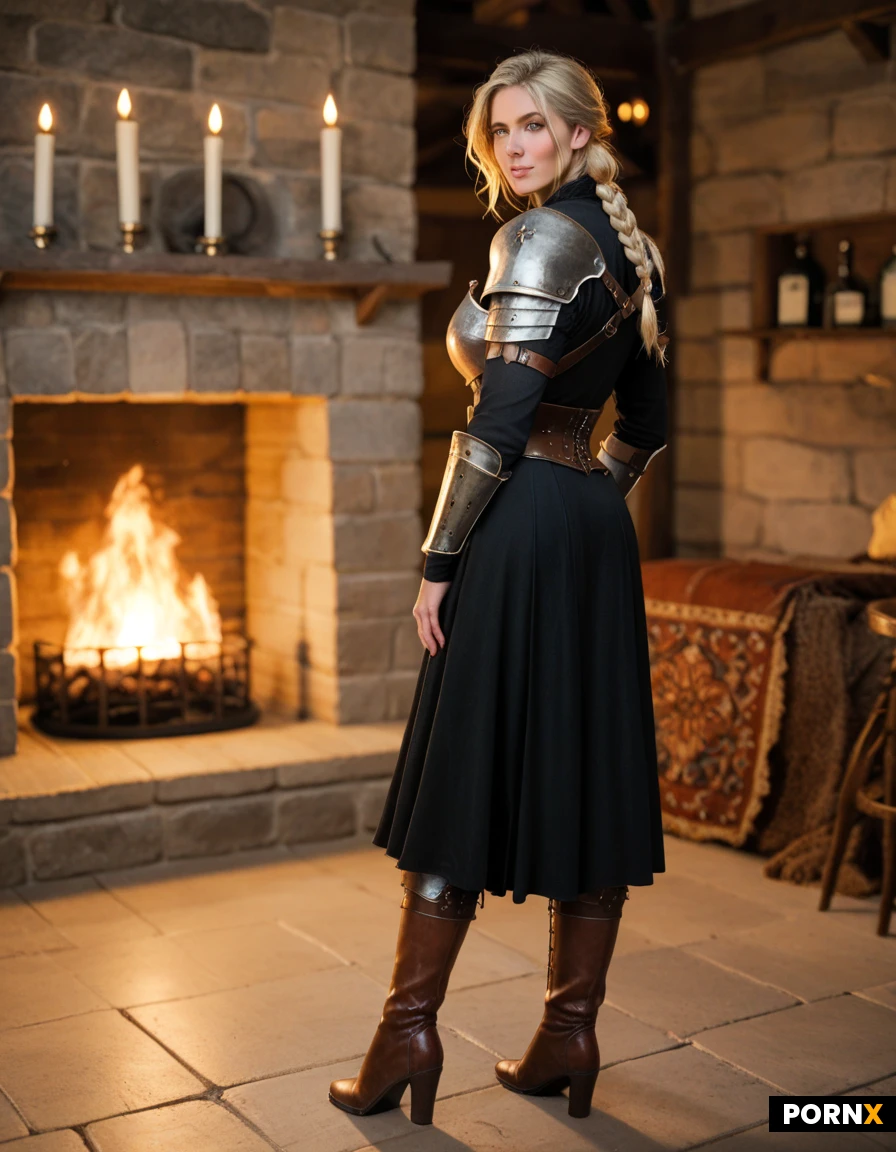 Subject: full body, solo, 1girl, 21yo english knight, Graceful build, looking at viewer, detailed facial features, striking eyes, long messy brunette hair, loose side braid, subtle blonde highlights
Outfit: medieval steel chestplate, worn plate armor cuirass, leather straps, dark tunic under armor, knee-length pleated skirt, heavy leather boots, knee-high armor boots
Environment: rustic medieval tavern interior, stone walls, timber beams, background fireplace, warm candlelight, dust motes in air, shallow depth of field, blurred background
Style & Lighting: dramatic rim lighting, chiaroscuro, warm lantern glow, photorealistic, raw photo, film grain, highly detailed skin texture, scratched metal texture, 8k uhd, cinematic composition