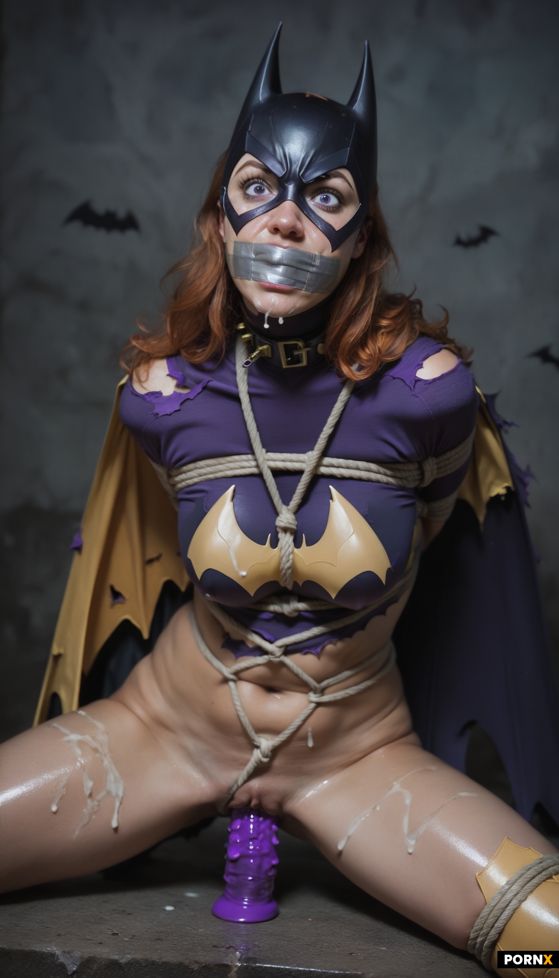 torn shiny purple batgirl costume