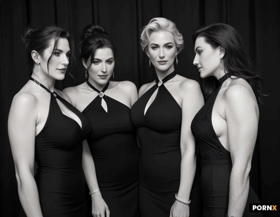 A group photograph of a diverse cast of models, featuring both seven men and seven women of various ethnicities, arranged closely together in rows against a plain light wall. The women in the front row wear stylish, modern outfits in black and white, including halter tops, off-the-shoulder dresses, and cutout designs. The men stand slightly behind them, some shirtless, creating a balanced and harmonious composition. The lighting is bright and even, highlighting their features and expressions, capturing a confident and poised group portrait.