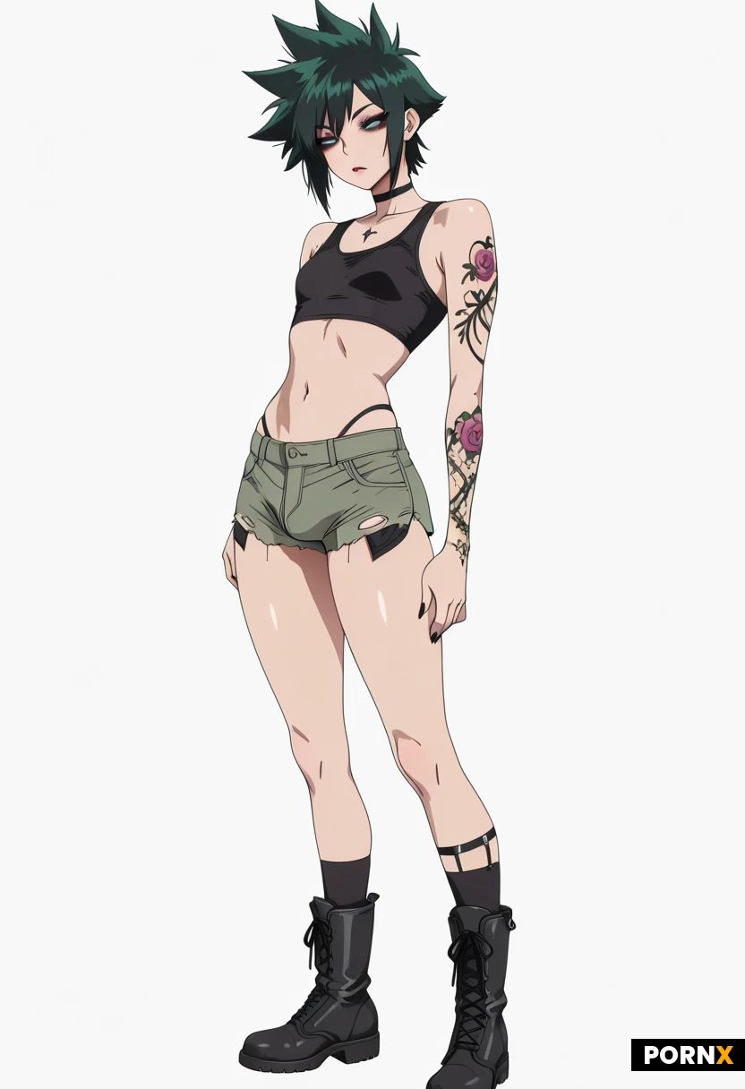 femboy, eyelash extensions, goth makeup, green spiked hair, wearing tight tank top, flat chest, cut off shorts, big futa bulge, fit, work boots, tattoos white background