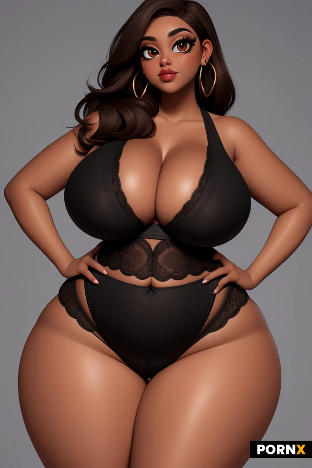 woman, dark skin, light brownish hair, lots of makeup, thick black eyeliner, thick lips, plump lips, earrings, (thick thighs:1.2), (curvy:1.5), (thick:1.25), (voluptuous:1.25), (huge boobs:1.35), tight, busty, firm, perky, (wide hips:1.5), (narrow waist:1.35), lipstick, large eyes, lace, smirk, portrait