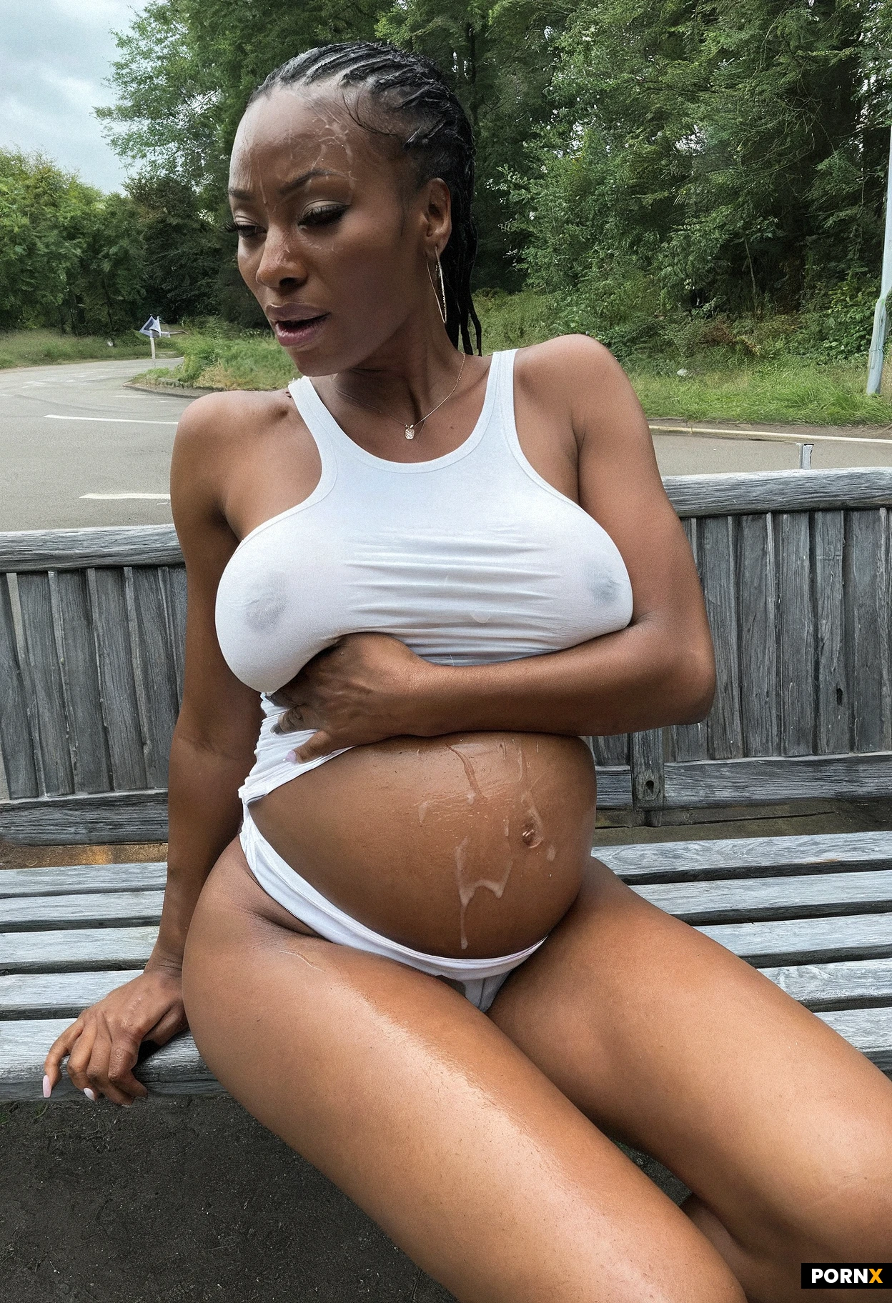 Walking by Pregnant woman with giant tits sitting on a Street bench.cum on pregnant belly.white top with tight skirt. She IS looking at me angry and tired. Leaking breastsmilk through the wet top.curvy.full dressed. Huge belly.tits bigger than belly in clothes. Round belly. Gigantic XXL breasts covered in a Summer top. .25 years old from Kenia.black skin. Eyecontact