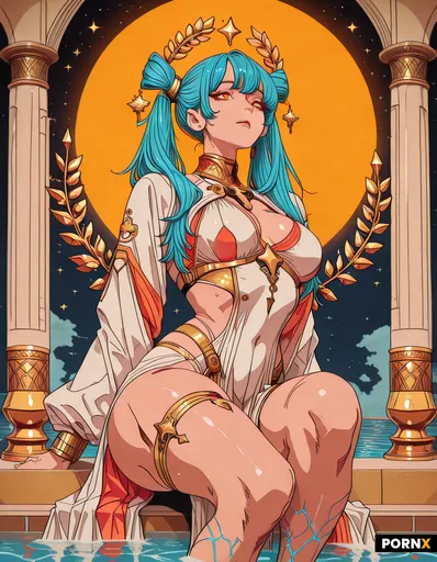 A stunningly beautiful 20-year-old priestess with a pale porcelain complexion and a slender