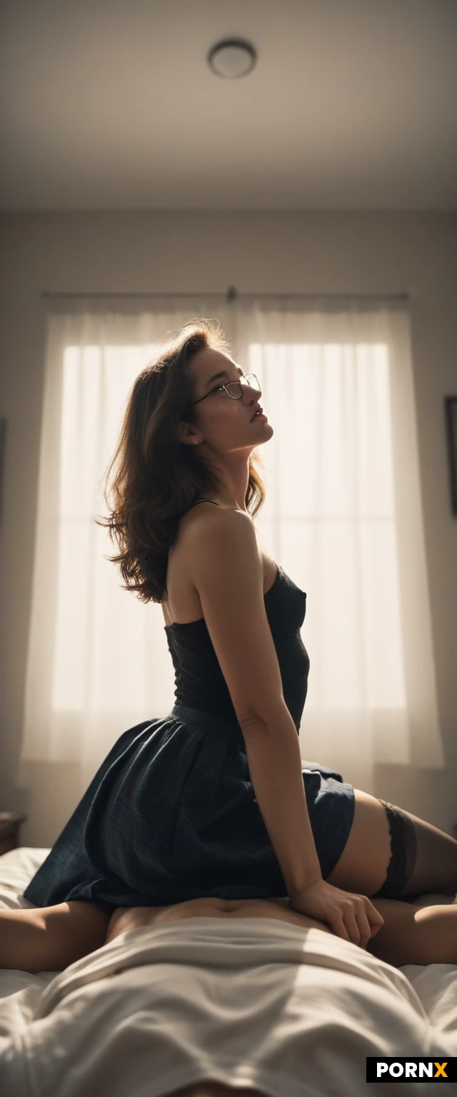 masterpiece, best quality, highres, absurdres, 1girl, 40s, skinny, small_breasts, big_eyes, small_nose, beautiful_face, brown_hair, long_hair, full_body, low_angle, dimly_lit, glasses, bedroom, pov, cowgirl, riding, grinding, passionate, orgasm, skirt, stockings, sex