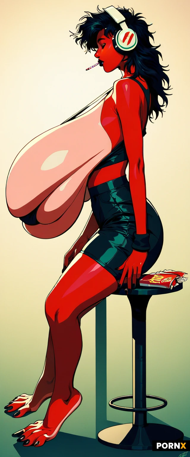 (gigantic sagging breasts:1.8),90's theme,high contrast between dark environments,gym,soft and cool lighting,late-night, attractive woman, long black hair, bangs, athletic, red sports bra,tight shorts, thick thighs,bored,relaxed,messy hair, barefoot,(big thick toes),black nail polish,comics,headphones,aesthetic,lazy, vulnerable,messy,fast food,soda,candy wrappers,retro,lo-fi, sci-fi,close up,(side view)