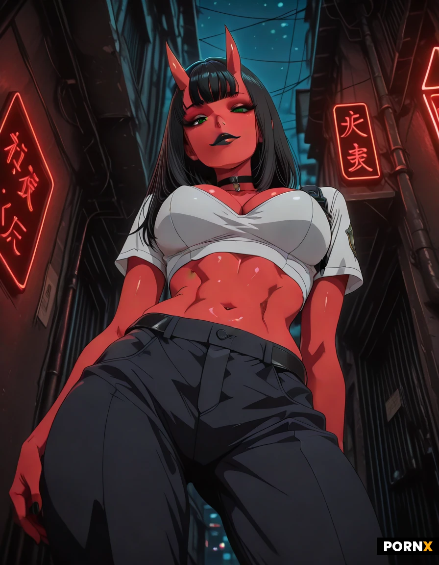 18 years old,red skin,medium round breasts,thick thighs,police,office shirt,office pants,bare midriff,black hair,medium straight shining hair,green eyes,black lips,alley,night,neon lights,tounge out,bangs,looking at viewer,oni horns,cleavage,slight abs,belly button,choker,flat stomach,midriff,view from below,leaning down