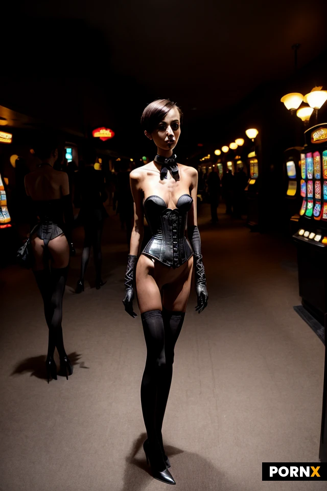 <lora:64:0.6>, torpedo_breast, medium breast, pink nipples, she is wearing black corset, her boobs are fully showing, black choker, (black long opera gloves:1.2), (black thigh high stockings:1.1), black strapless stiletto high heels, shaved pussy, swollen vulva, ultra puffy areola, she is standing alone, her pussy is fully exposed, crowded casino, craps table, men wearing black tuxedos, sharp focus, front view, (full body view:1.3), (no other woman is in the picture:1.3),