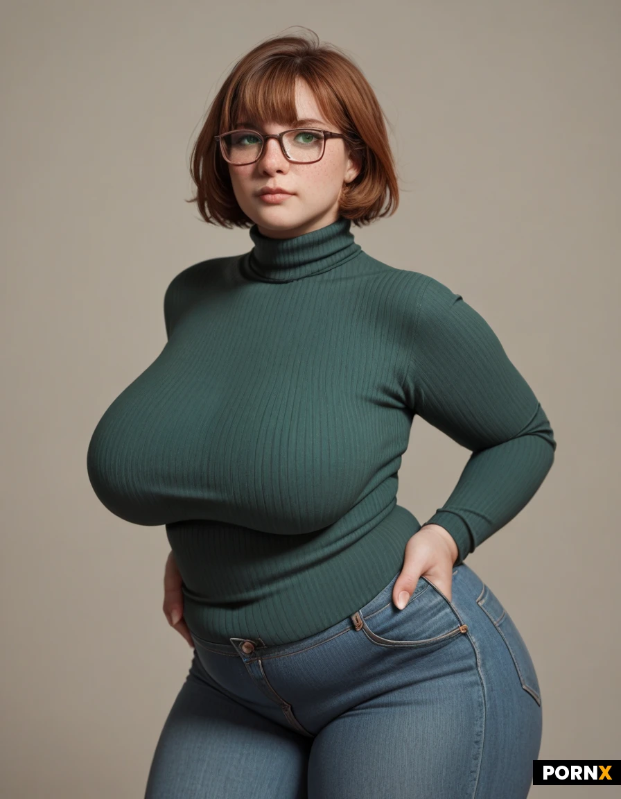 masterpiece, best quality, highres, absurdres, 1girl, solo, red_hair, short_hair, bangs, freckles, glasses, square_glasses, green_eyes, chubby, plump, plus_size, big_breasts, tight brown sweater, jeans