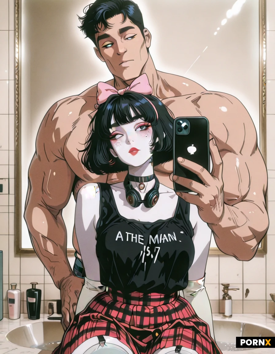 woman posing intimately with a massive huge tall muscular man, couple taking a selfie in a bathroom mirror, ((the woman is sitting on a marble bathroom counter looking back at the camera)), the man's hands are holding the woman's hips, mirror selfie, a couple in a bathroom, a massive huge tall muscular man standing above a woman, giant man's head is out of frame, size difference, snapchat-style text along the upper-third of the frame that says "Fuck babe he is so big...", the man is much taller than the woman, sitting on a bathroom vanity counter, intimate pose, his hands are on her hips, intimate scene, woman with White skin, shortchubby, Pale skin, black hair, bobcut, Bangs, pink bow in her hair, hairbow, choker, black choker around neck, she is wearing a red plaid pleated skirt, white stockings, garterbelt straps, Makeup, Long eyelashes, Thick eyebrows, nose freckles, eye liner, natural hair, red lipstick, man holding smartphone to take the picture, back view of the woman, snapchat selfie, full width caption over a dark bar reads "Fuck babe he is so big...", iphone 17 selfie, soft indoor lighting, UHD, amateur selfie, mouth slightly open in an expression of arousal