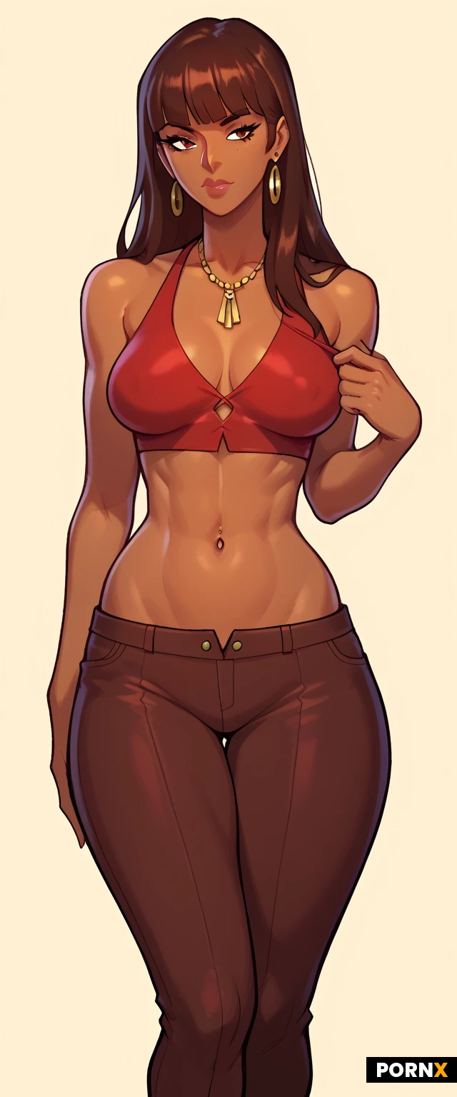 One woman, Latina, 18 years old, dark brown hair, fringe, bangs, long hair, wide hips, hip lines, dark brown skin, medium breasts, perky breasts, skinny, midriff, hip lines