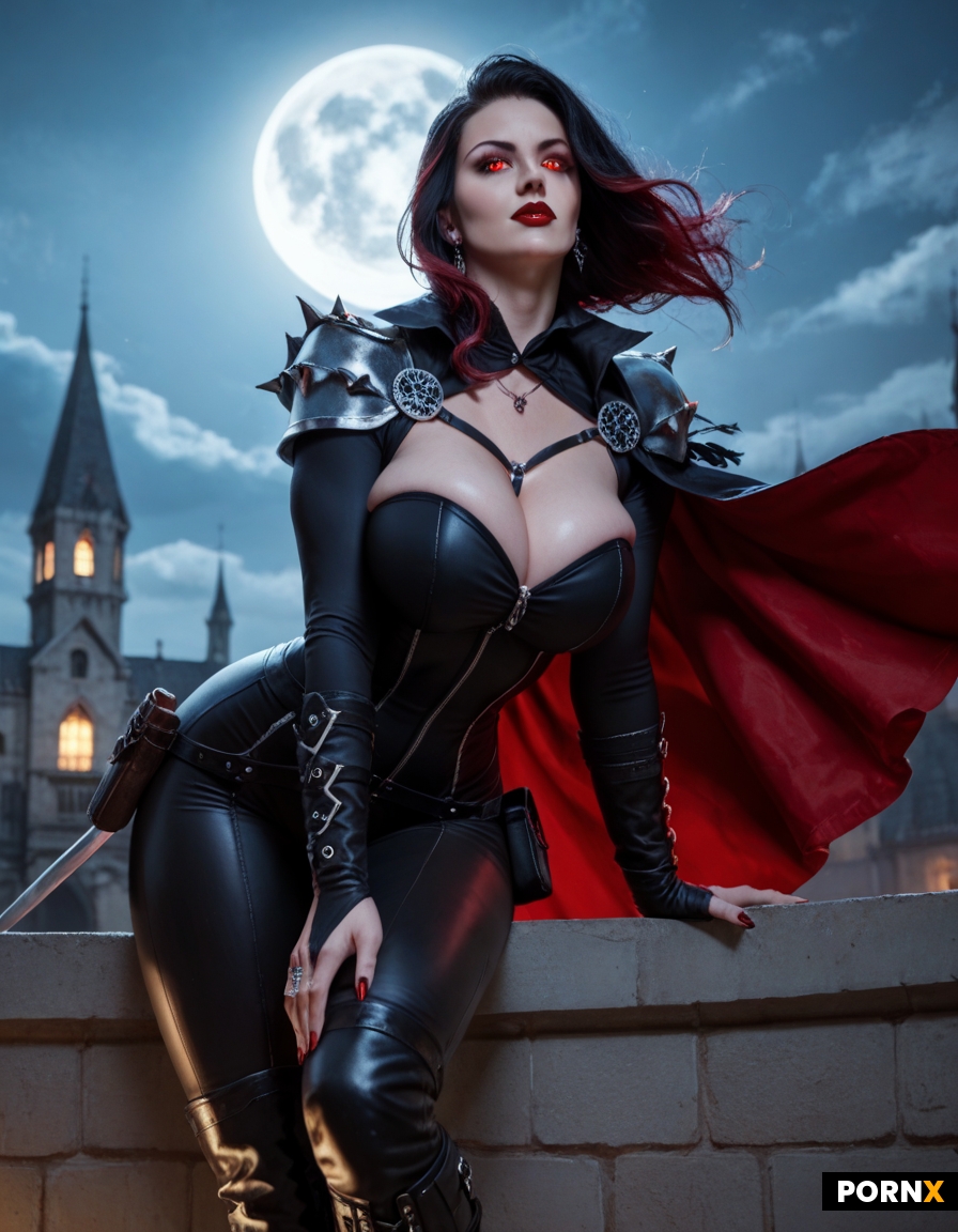 sexy female vampire huntress gothic cathedral rooftop full moon night setting leather bodysuit silve