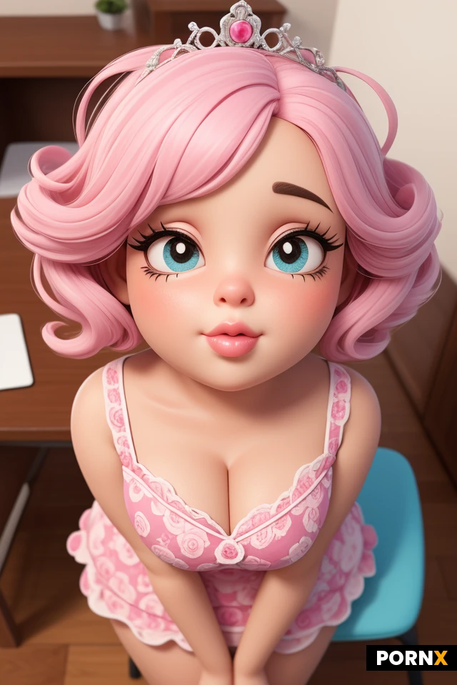 Sweet, big head, vuloptuous, swedish, long lashes, cute, big lips, small nose, short dress, hot pink,chubby, Realistic Animation, living room, curly bobcut, cleavage, intricate dress, thick hips, flower print, eye sparkle, desk, vibant colours, walking, diva make-up, glitter, view from above, tiara, cute pose, hip lean pose