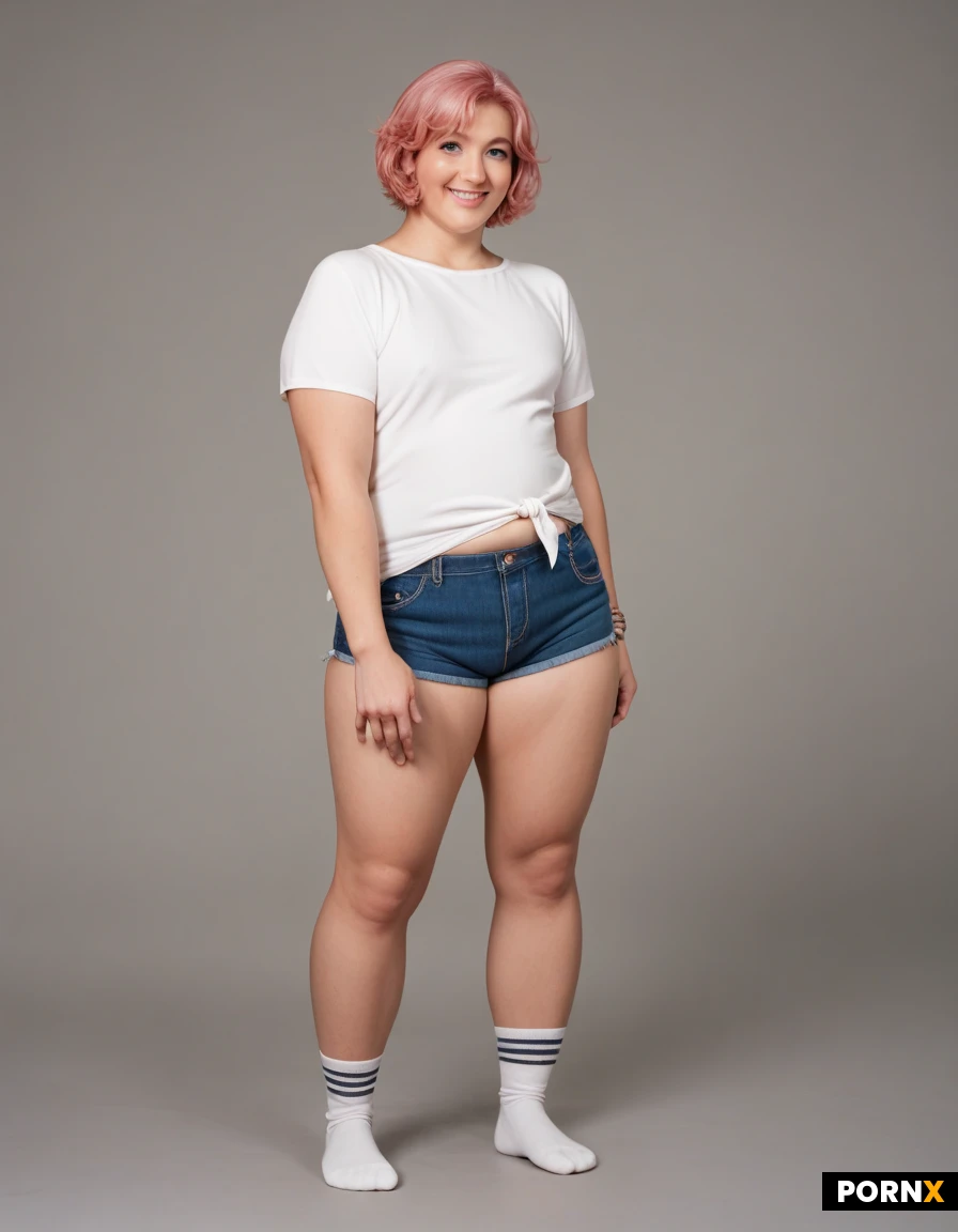 masterpiece, best quality, highres, absurdres, 1boy, femboy, fat, solo, short_hair, pink_hair, big_eyes, blue_eyes, full_body, standing, looking_at_viewer, casual, tshirt, shorts, socks, smiling, indoor, soft_light, perspective