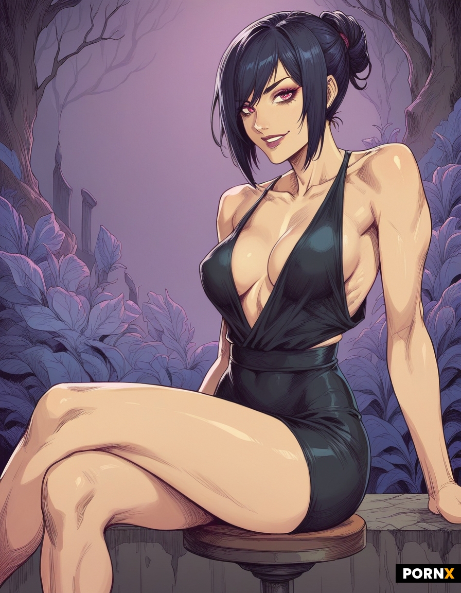 Xenia Onatopp is one woman sitting on a small stool with crossed legs wearing a sexy high class dres
