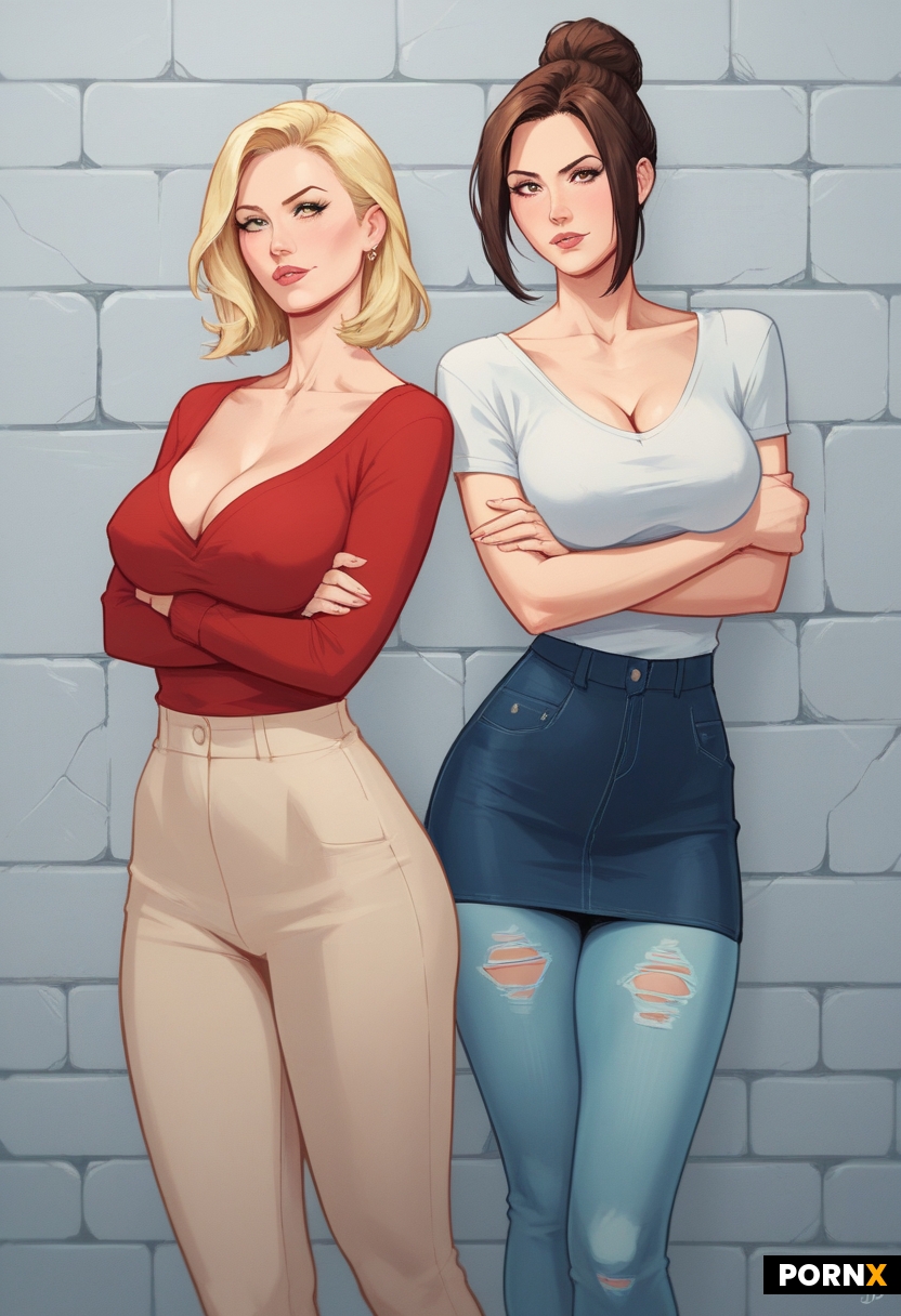 Two women standing side by side against grey stone wall background with visible brick texture