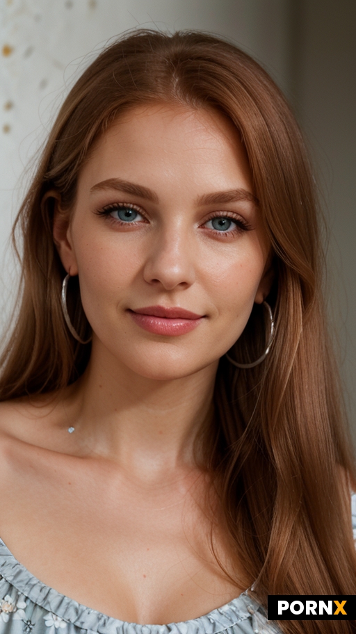 Medium close-up portrait of an adult Caucasian woman with long straight strawberry blonde hair parte