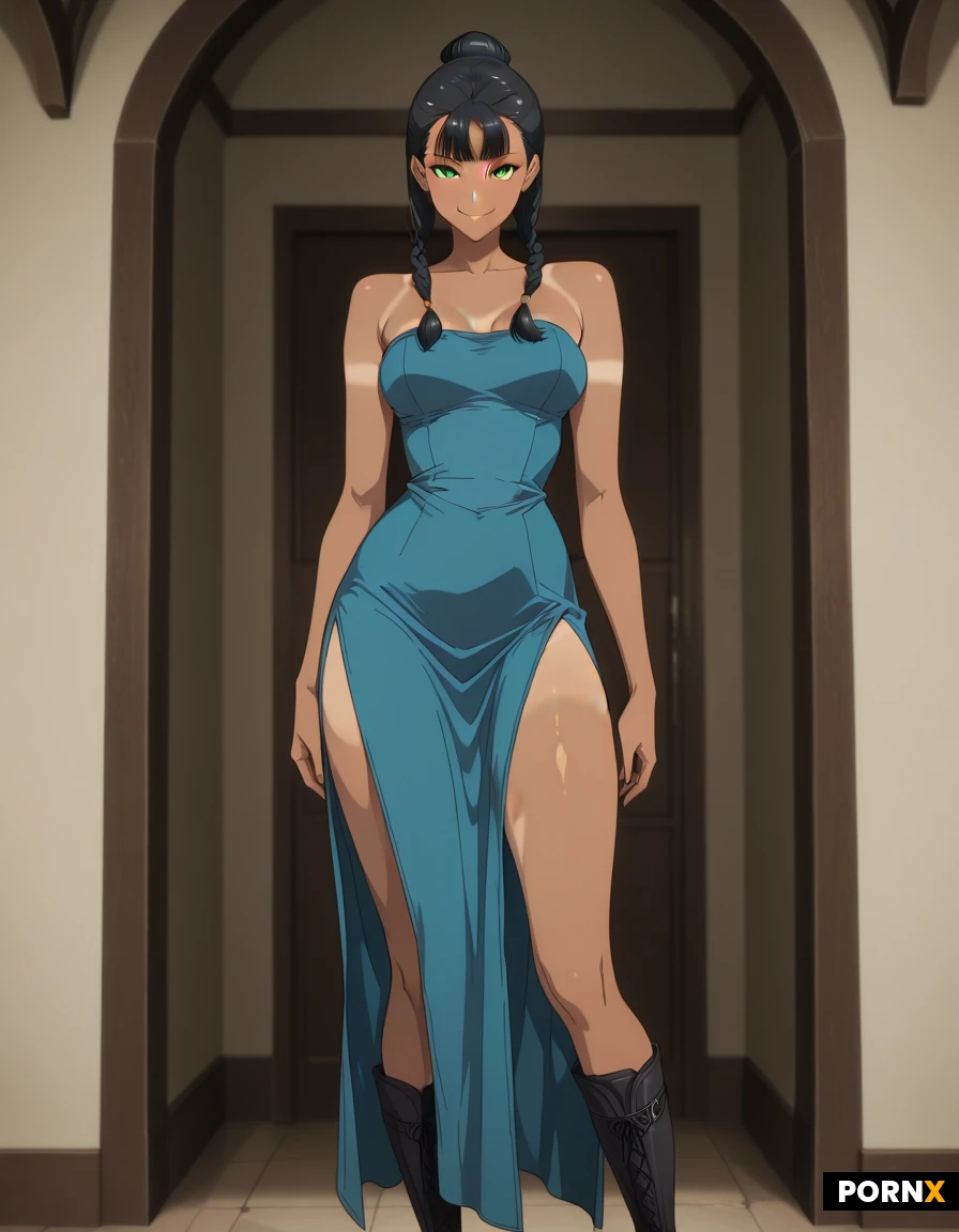 masterpiece, best quality, highres, absurdres, 1girl, slender, green_eyes, tanned_skin, black_hair, braids, hair_bun, hair_updo, strapless_dress, blue_dress, dress_slit, exposed_leg, exposed_thigh, dark_boots, boots, solo, looking_at_viewer, standing, confident, smile, plain_background, soft_light, closeup