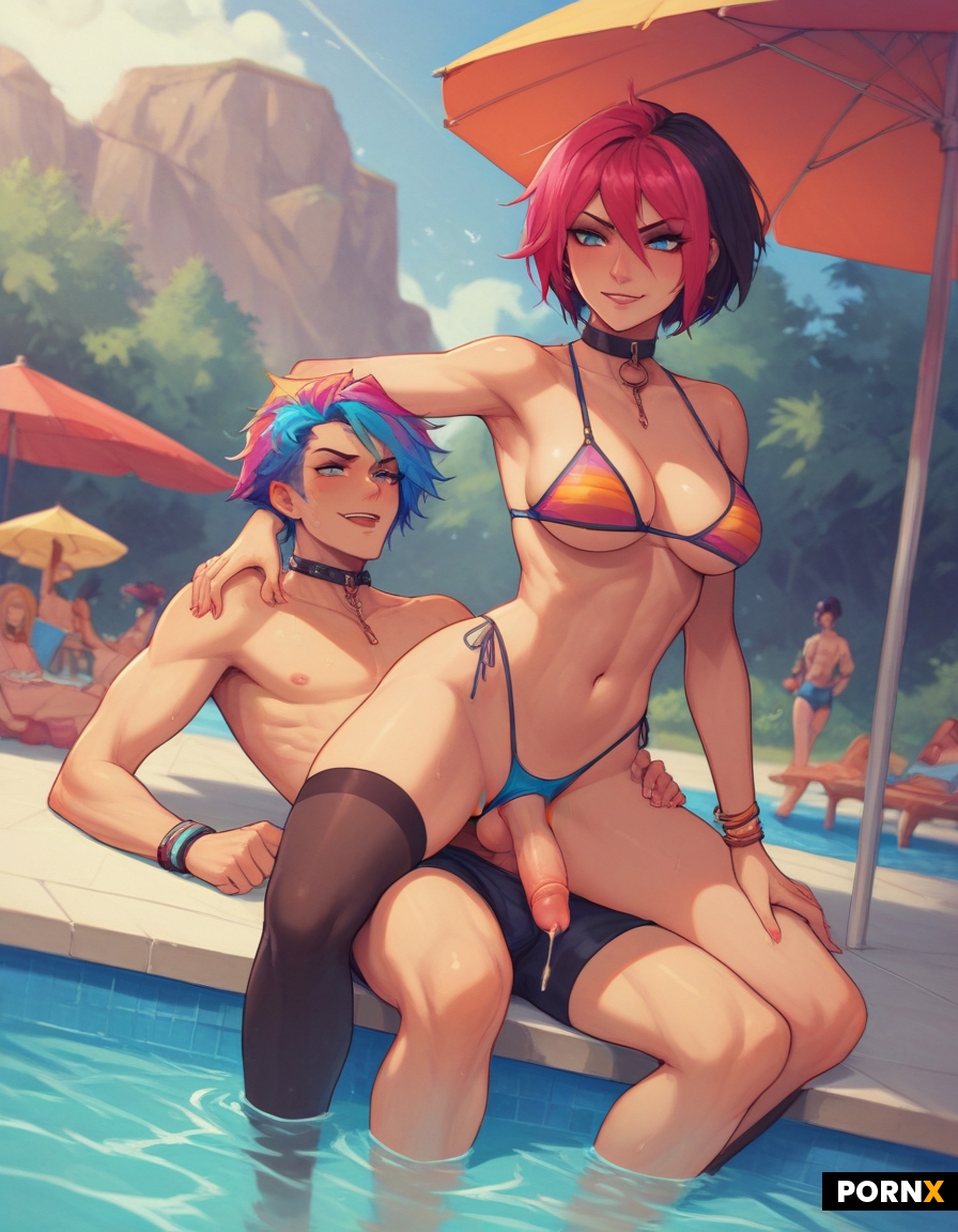 Pool Party Fiora from LOL as a sexy futanari with long hair fucking a man slave with short hair