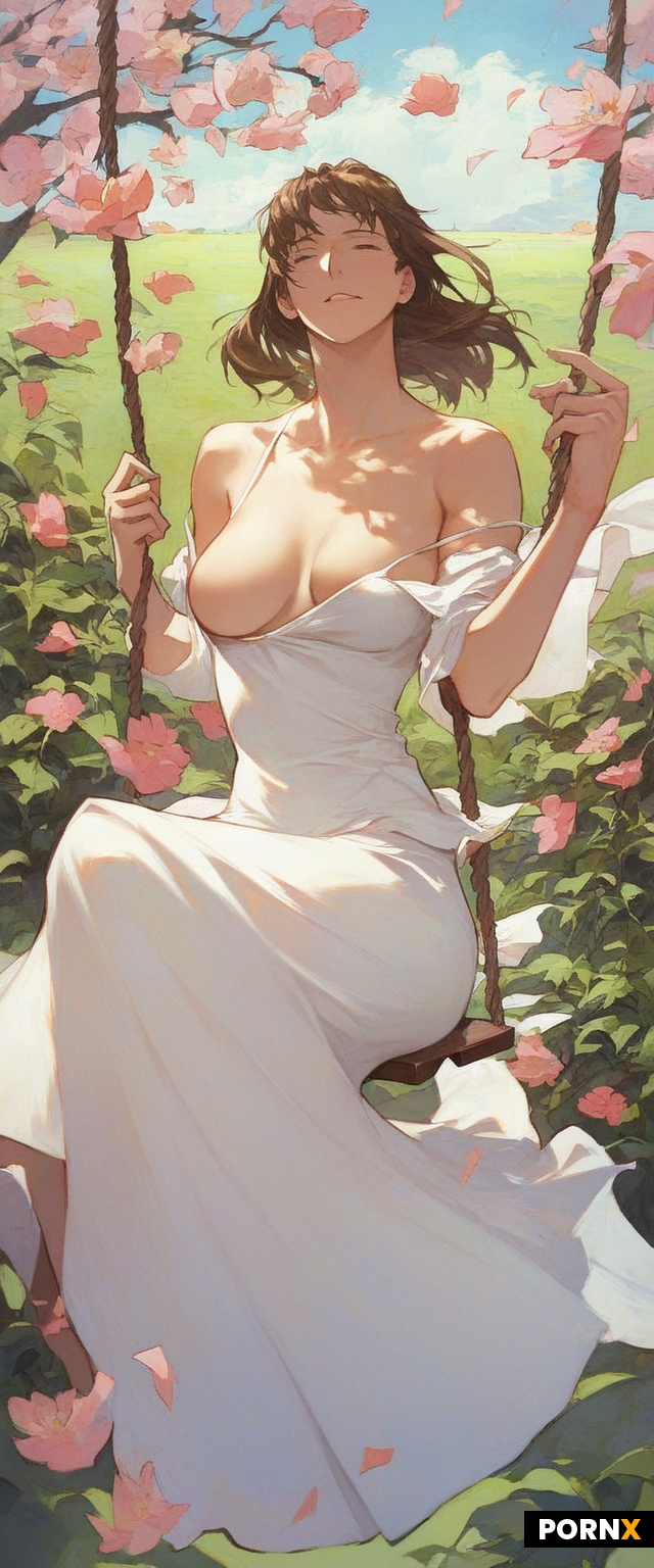 Fate stay night anime style woman sitting on swing in a garden