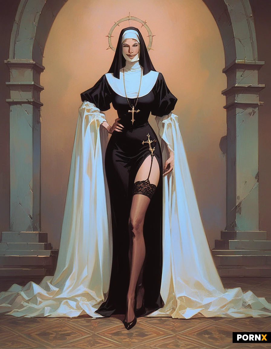 masterpiece, best quality, highres, absurdres, 1woman (sexy nun clothinh cosplay,Intricate clothes,stockings, standing, hand_on_hip, looking_at_viewer, seductive_smile, sexy, full_body), 1man (demon man, nude, erection), indoor, simple_background, soft_light, front_view