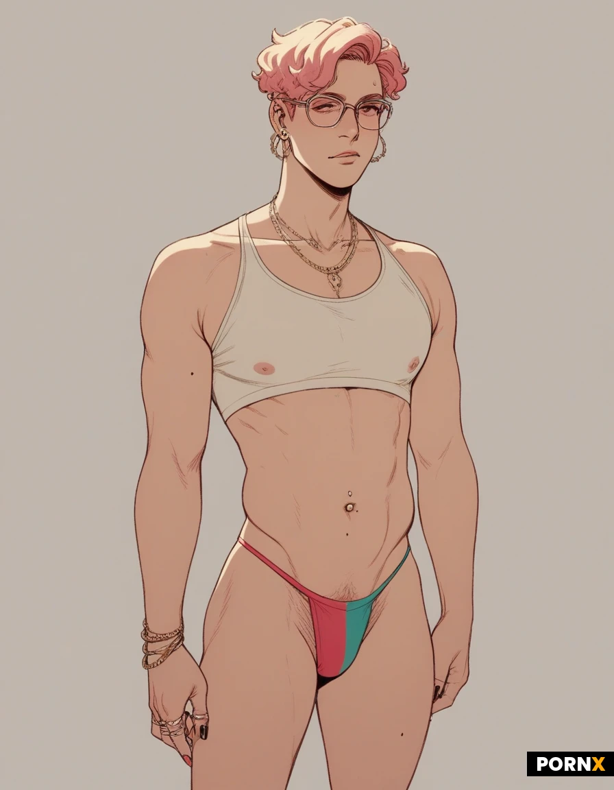 Anime. Transgender. Buff. Genderfluid. Queer LGBTQ. Speedo thong. Longsleeve top. Nerd