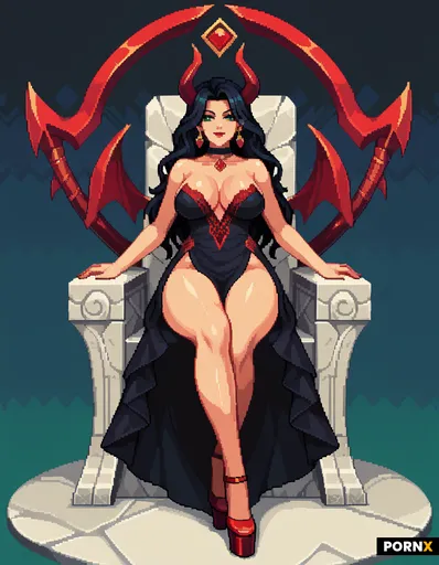 A demon or devil queen seated on a carved stone throne