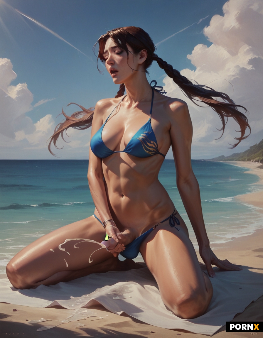 a beautiful brunette 18 year old futanari masturbating on the beach