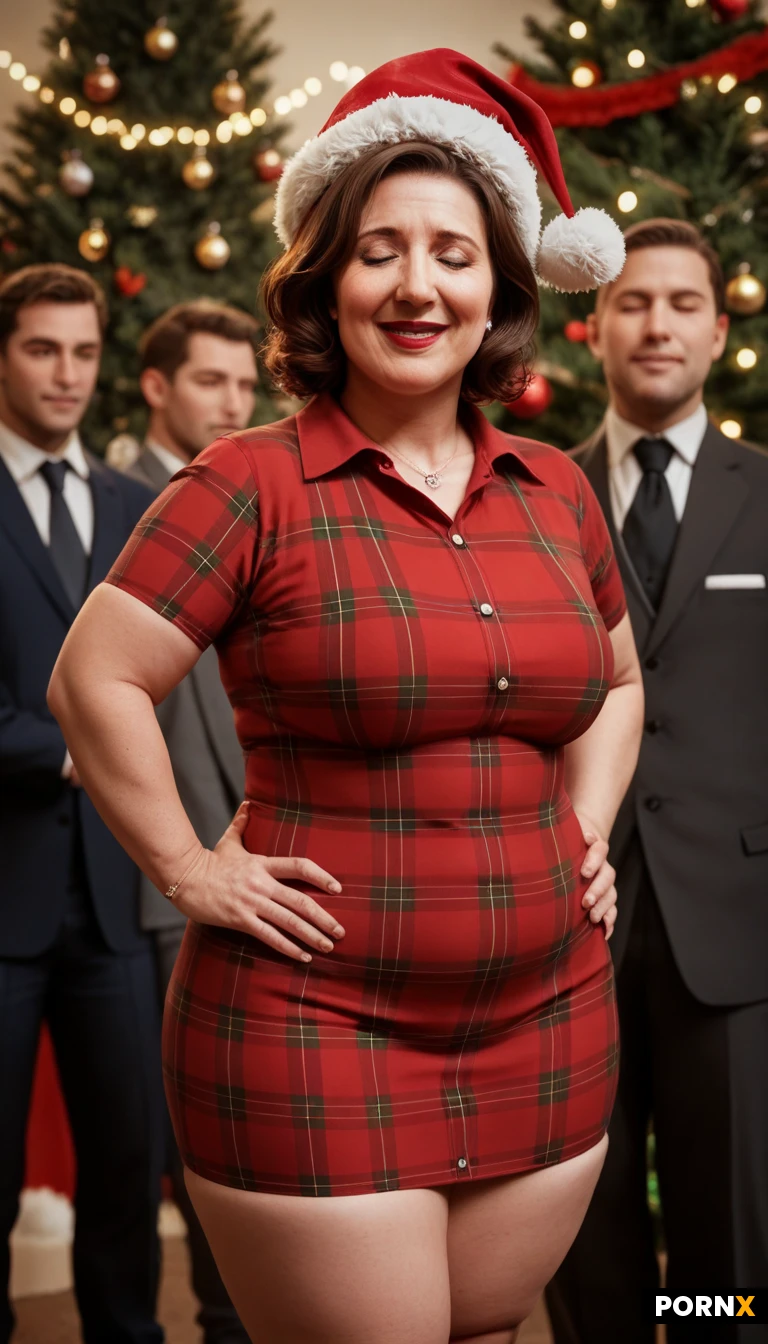 masterpiece, best quality, highres, absurdres, bust-up_view,1girl, multiple_males,chubby_short_stack_mom,mature,beautiful face,pale skin,brunette_hair,wavy short hair,chubby arms,chubby wrists,huge boobs,wide hips,chubby ass,chubby thighs,red plaid dress,collared dress,short sleeves,Santa hat,Christmas tree,string lights,office Christmas party,lipstick, open_mouth, closed_eyes, shy_smile, standing,hands on hips ,detailed shading,warm_lighting,crowd of fit _men in suits,